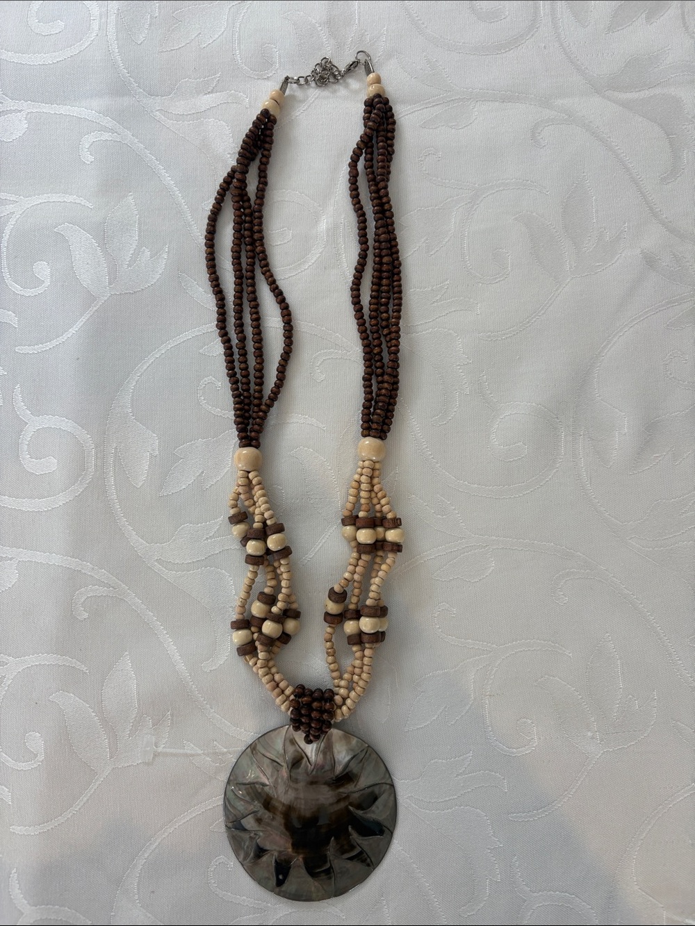 Beaded Brown and Cream Pendant Necklace